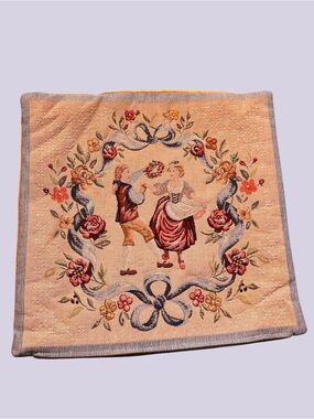 J Pansu Paris France Tapestry Pillow Cover 18” Dancing Couple Zipper Close Vtg